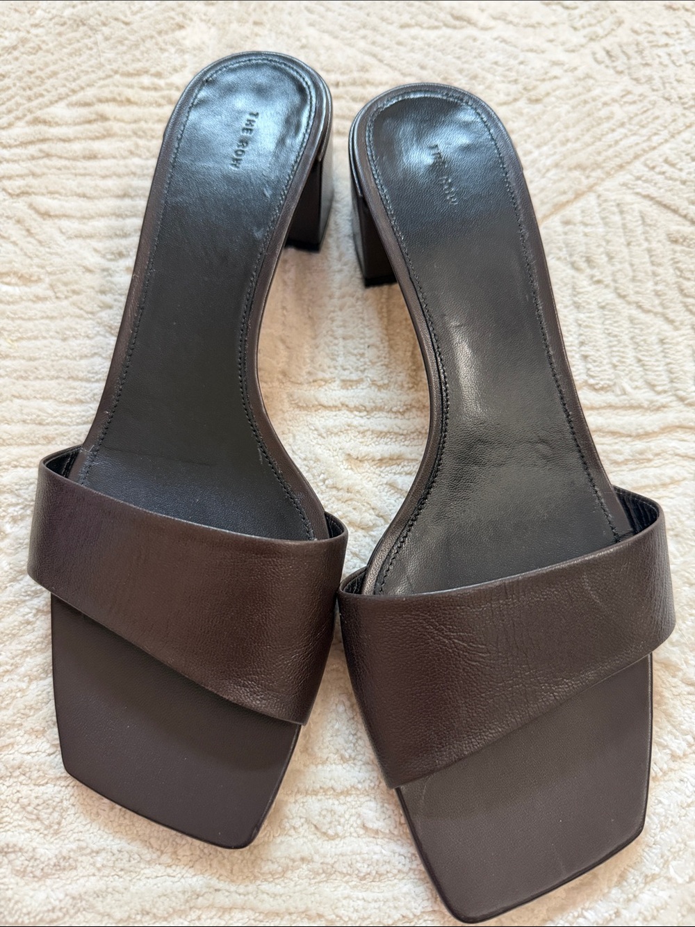 The Row Dark Brown Leather Square Toe Slide Heels